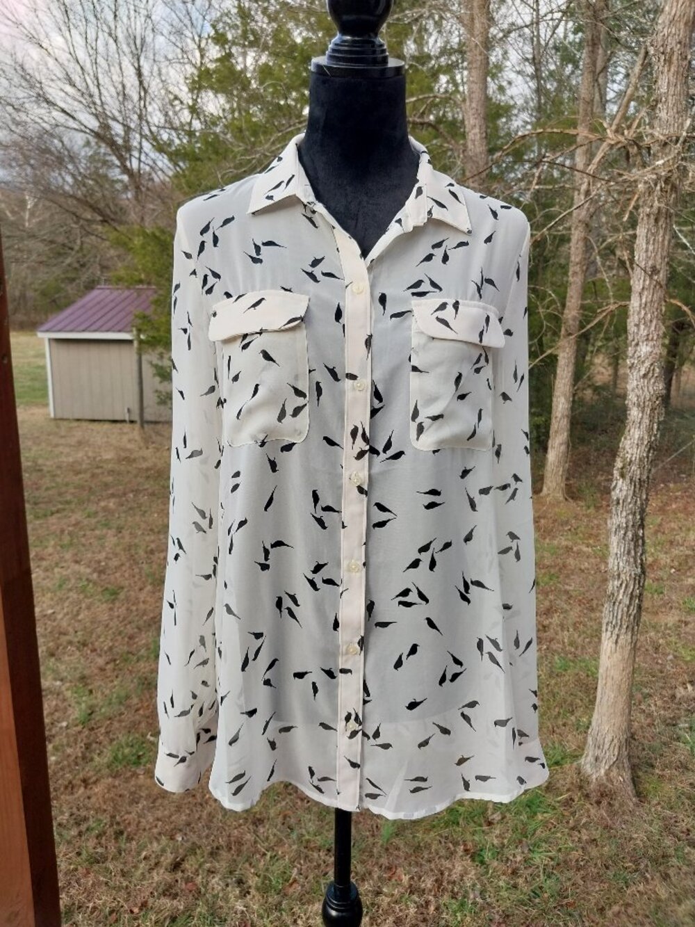Old Navy Cream Button-Up Shirt with Black Crow Motif